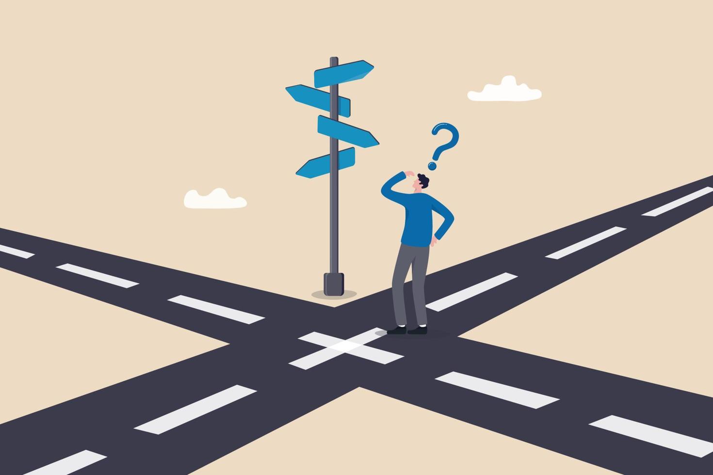 Business crossroads, finding solution or direction for success, confusion or what next challenge, opportunity choice or alternative concept, confused businessman at the crossroads thinking way to go. vector