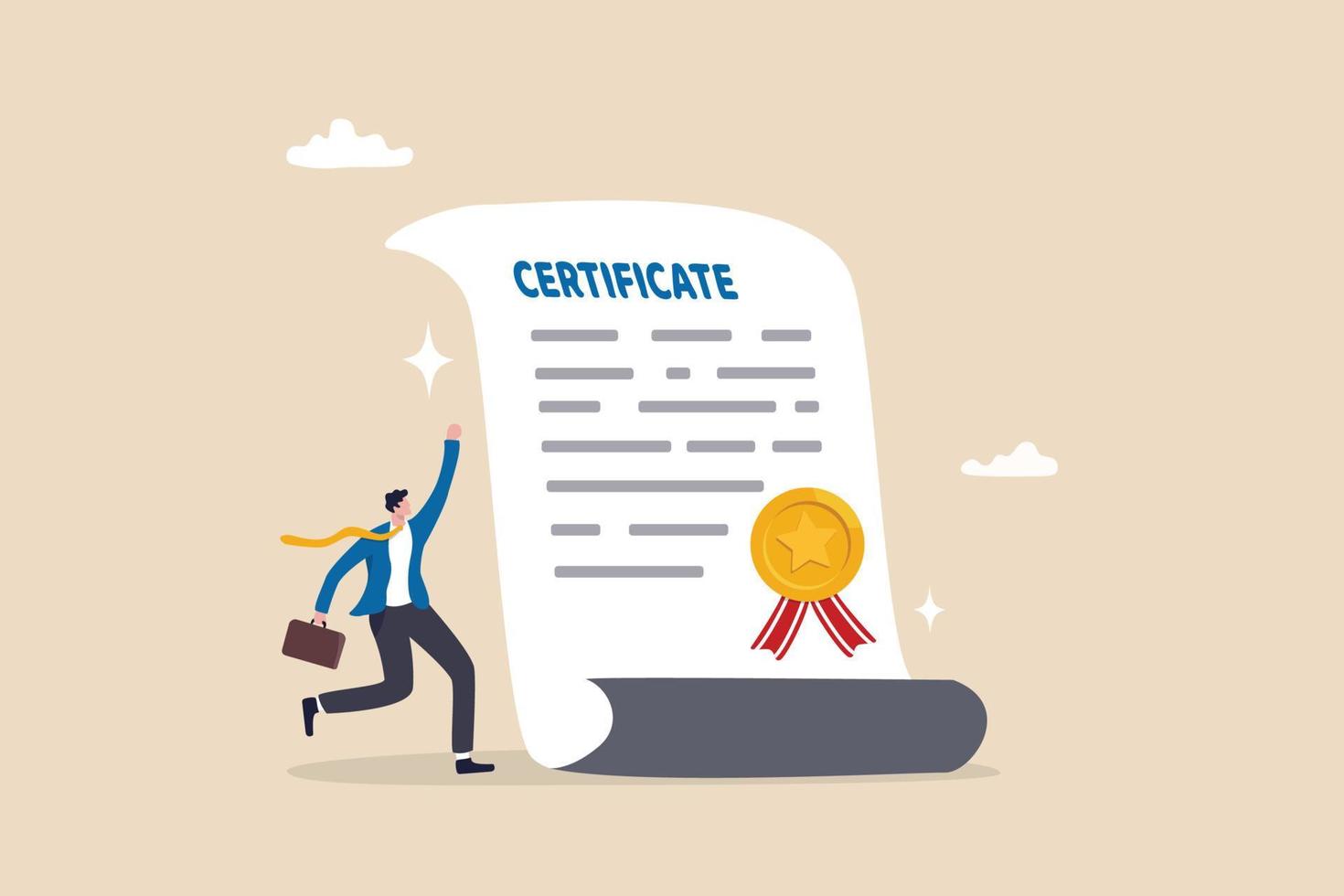 Certificate on taking course, award for excellent work or diploma document, license stamp or education certified guarantee concept, happy businessman with star certificate paper for work achievement. vector