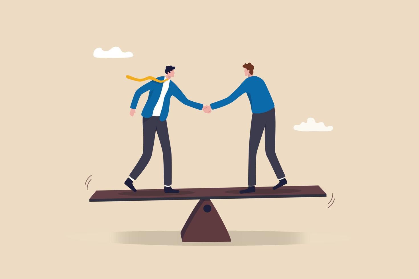 Negotiation for business winning, agreement or partnership deal for both benefit, merger and acquisition, professional talk concept, businessman handshake with success negotiation over balance seesaw. vector