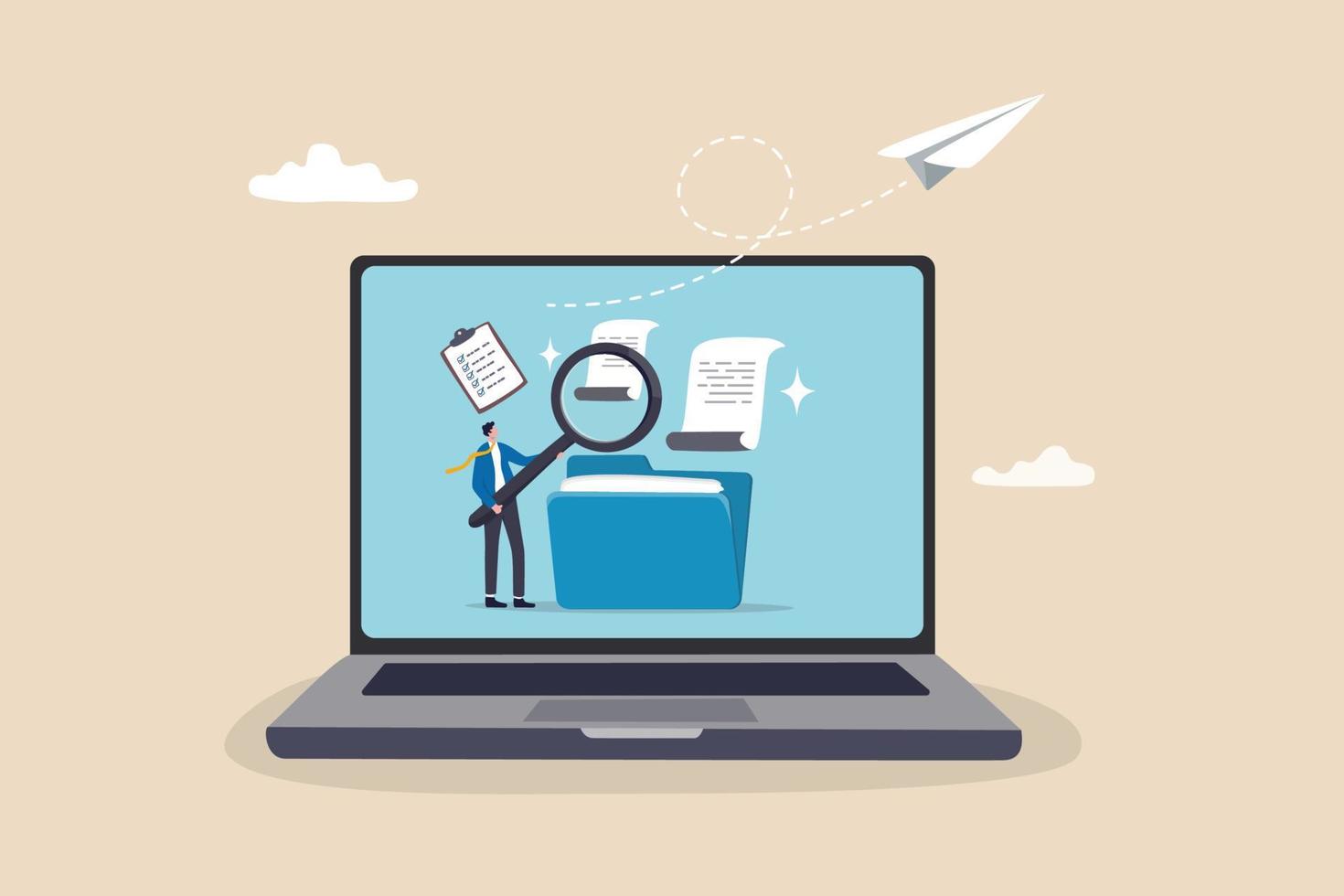 File management or documents archive, computer data backup or virus scan, online cloud storage or search for files concept, businessman with magnifying glass search for file in folder computer laptop. vector