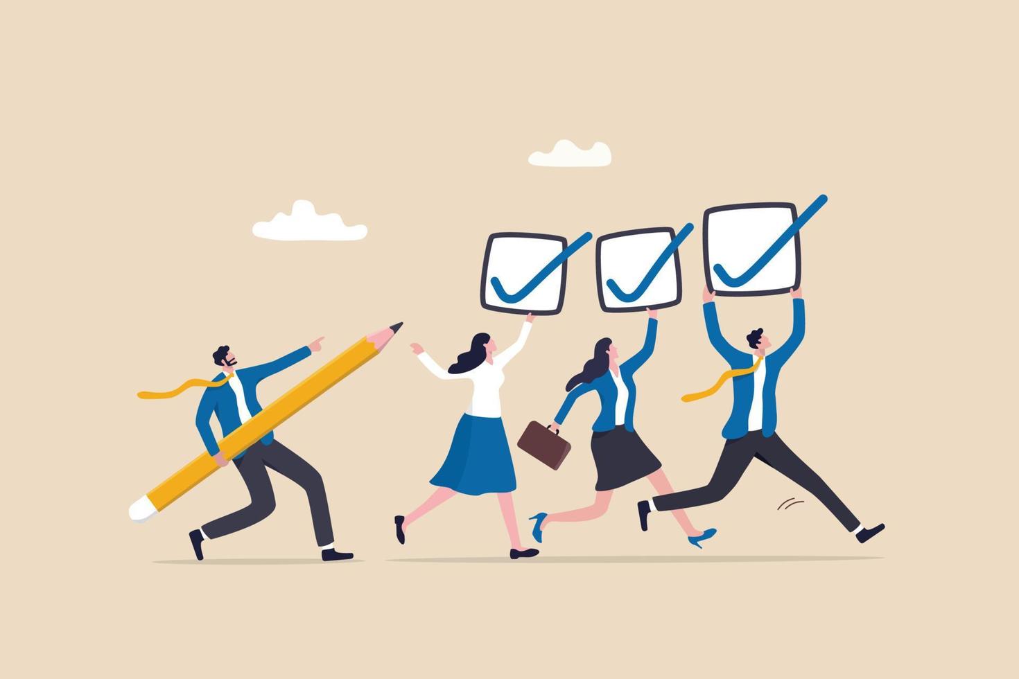 Checklist or checkmark for task completion, survey or questionnaire, finish work or accomplishment, get thing done or tick the checkbox concept, business people hold checklist and pencil to tick. vector