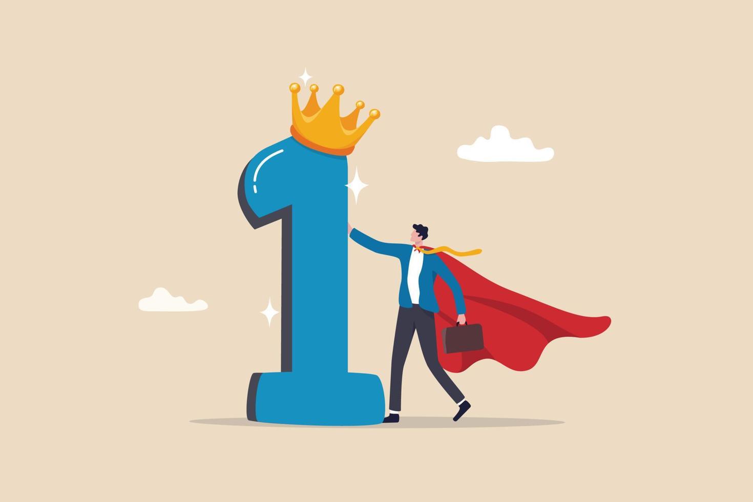 First winner achievement, success or business victory, award winning celebration or best employee of the month, triumph concept, success businessman superhero stand with 1st place award with crown. vector