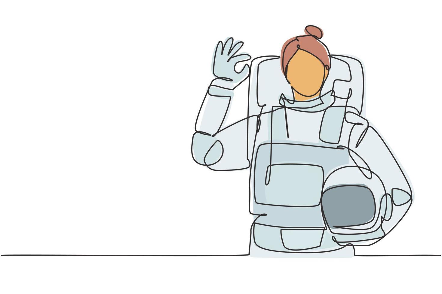 Continuous one line drawing female astronaut with gesture okay wearing spacesuits to explore outer space in search mysteries of universe. Great job. Single line draw design vector graphic illustration
