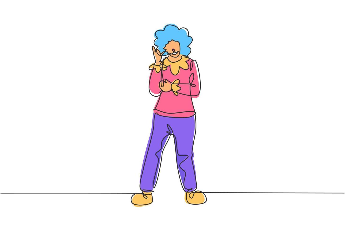 Continuous one line drawing female clown stands with call me gesture wearing wig and clown costume ready to entertain the audience in circus arena. Single line draw design vector graphic illustration