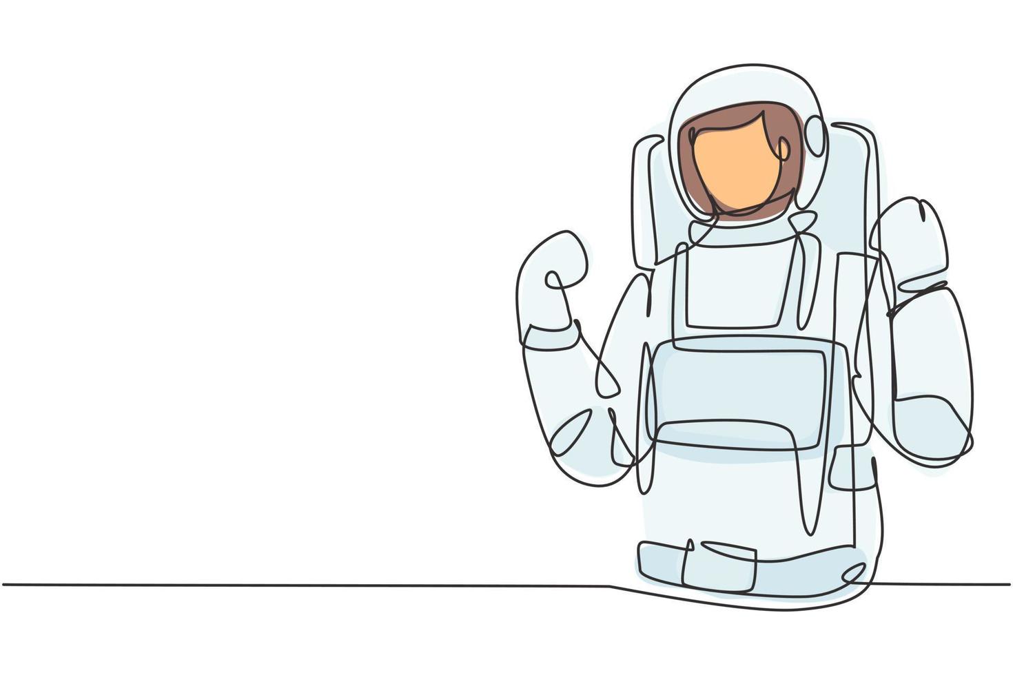 Single continuous line drawing astronaut with celebrate gesture wearing spacesuits to explore outer space in search mysteries of universe. Dynamic one line draw graphic design vector illustration