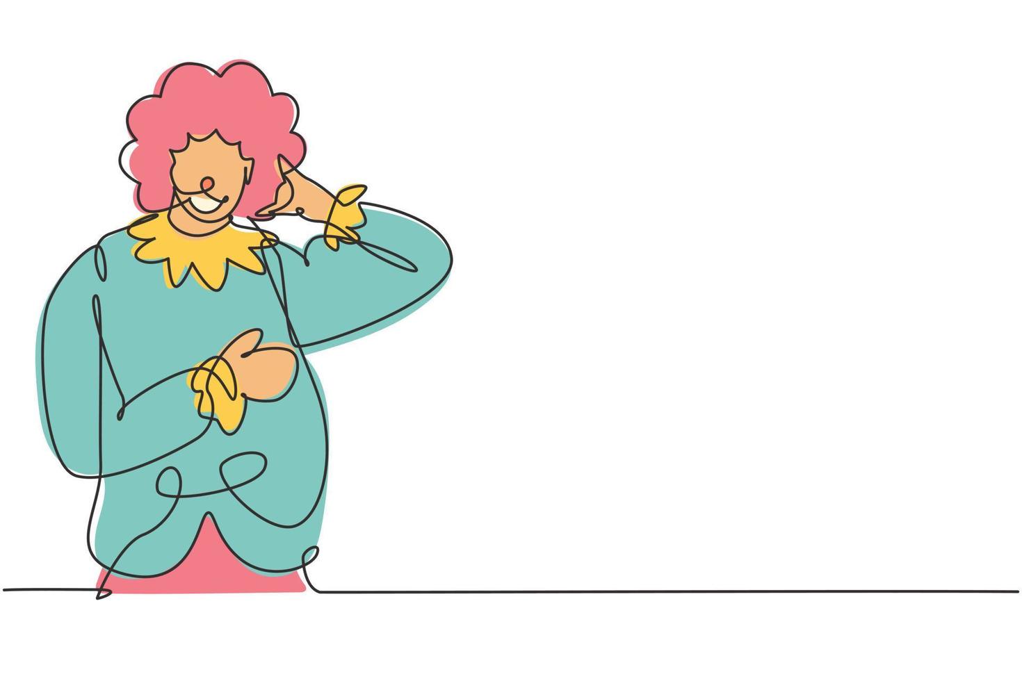 Single one line drawing clown with call me gesture, wearing wig and smiling face makeup, entertaining kids at birthday party. Good performance. Continuous line draw design graphic vector illustration