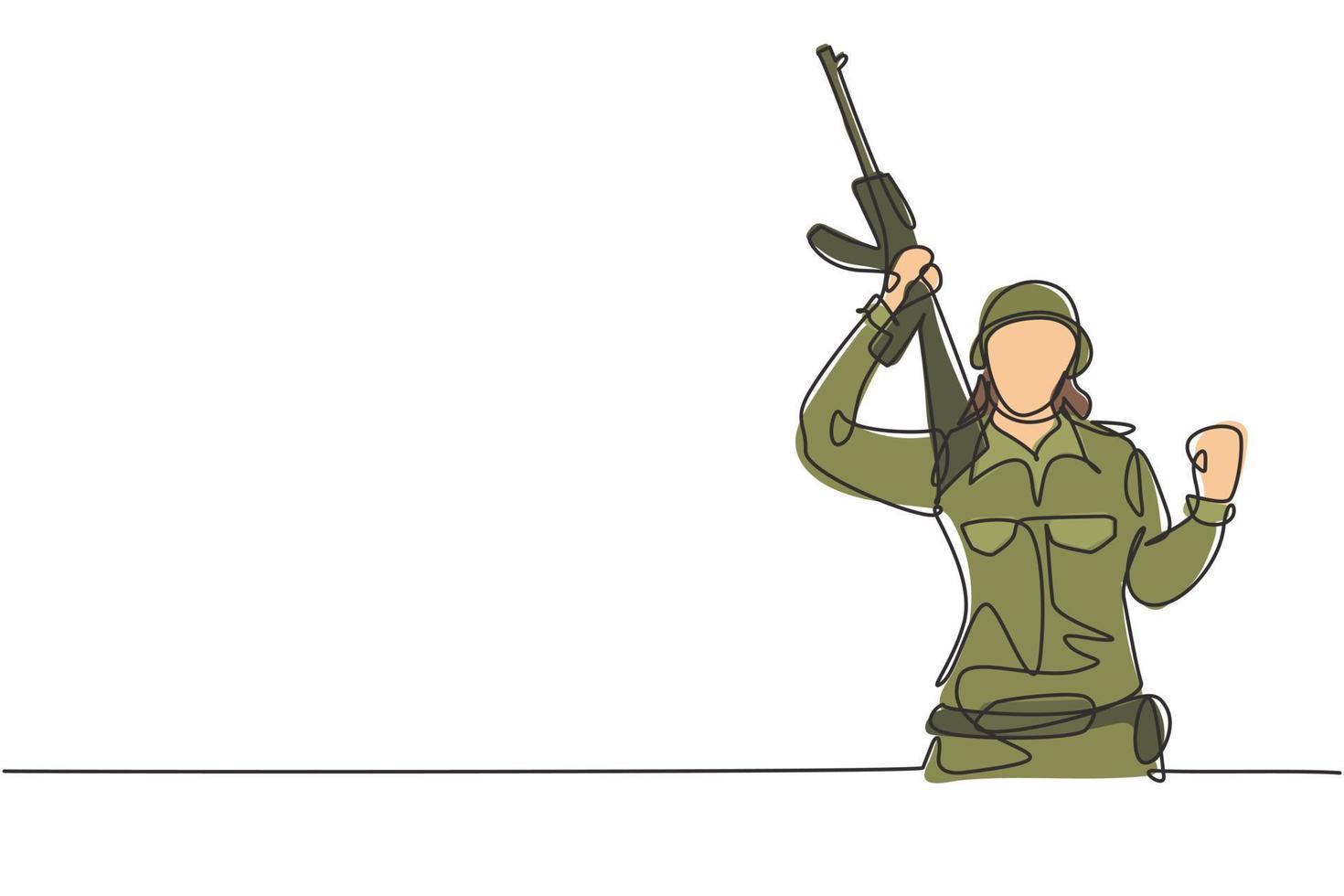 Una sola mujer soldado de dibujo de línea continua con gesto de celebración, arma y uniforme completo está lista para defender el país en el campo de batalla contra el enemigo. Ilustración de vector de diseño gráfico de dibujo de una línea