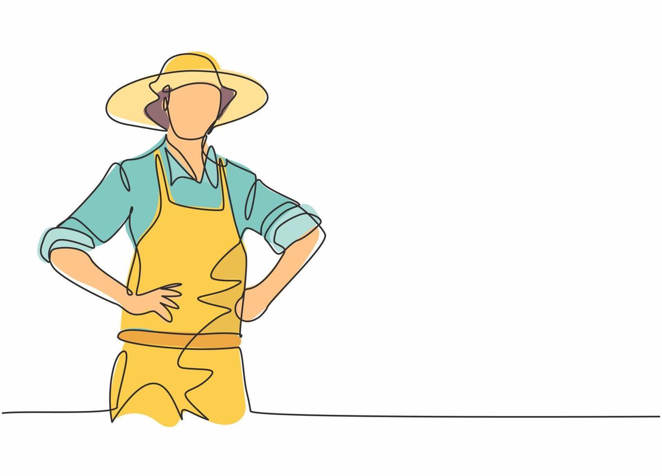 Single one line drawing of young male farmer wearing farming cloth with straw hat. Professional work profession and occupation minimal concept. Continuous line draw design graphic vector illustration