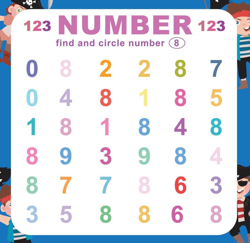 buscar y circulo número en el hoja de cálculo. ejercicio para niños a reconocer número. educativo sábana para preescolar. vector archivo.