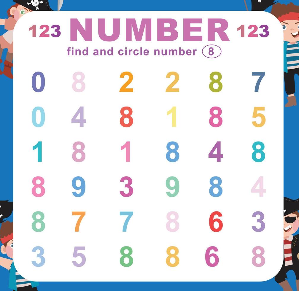 Search and circle number on the worksheet. Exercise for children to recognize number. Educational sheet for preschool. Vector file.