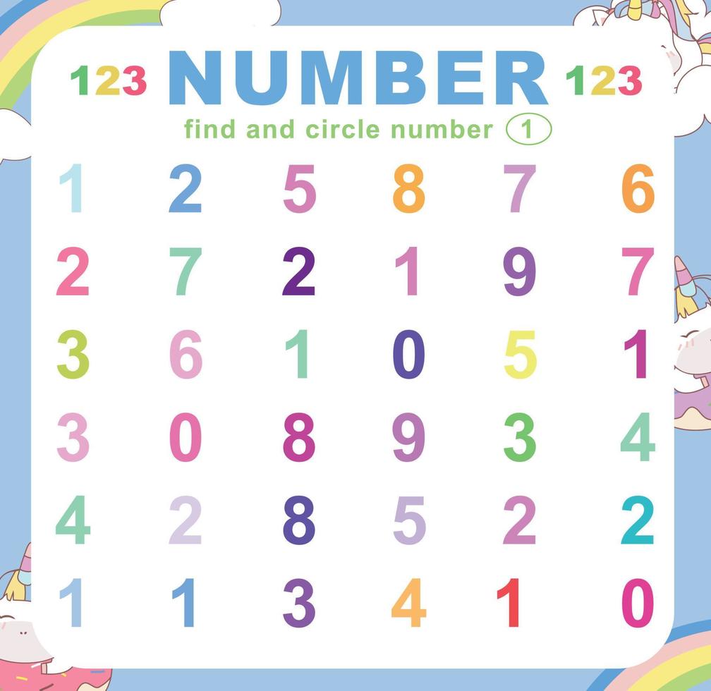 Search and circle number on the worksheet. Exercise for children to recognize number. Educational sheet for preschool. Vector file.