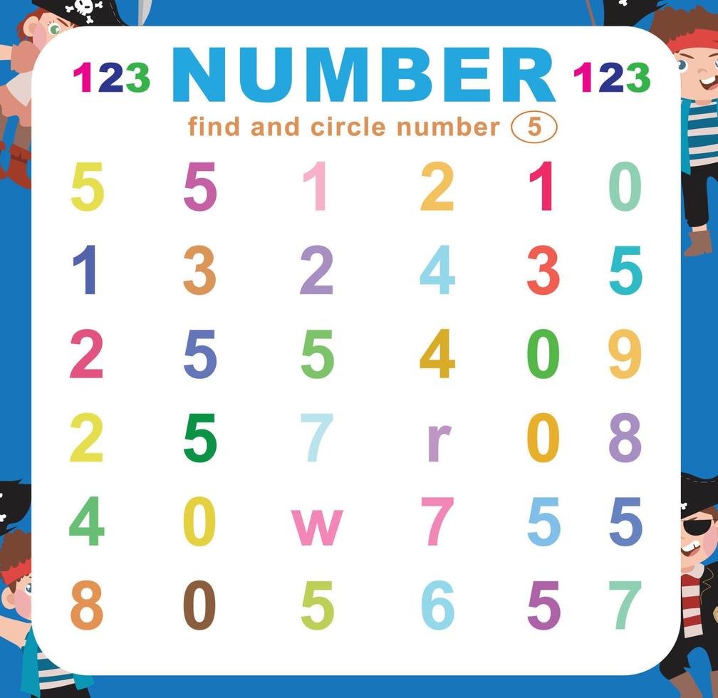 Search and circle number on the worksheet. Exercise for children to recognize number. Educational sheet for preschool. Vector file.