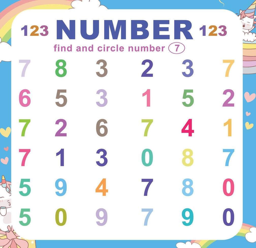 Search and circle number on the worksheet. Exercise for children to recognize number. Educational sheet for preschool. Vector file.