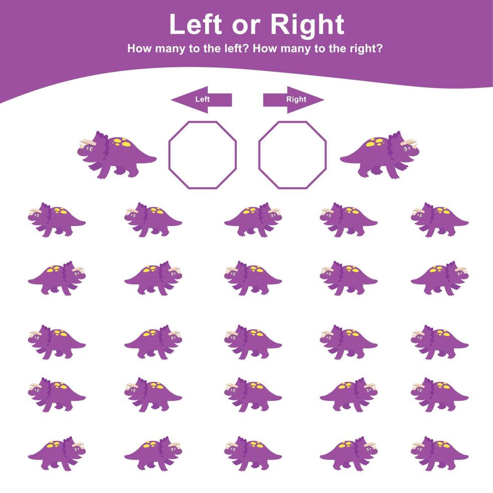 Left or Right Dinosaur Game for Children. Educational printable math worksheet. Math worksheet for kids. Count and write activity. Cute dinosaur math worksheet. Vector file