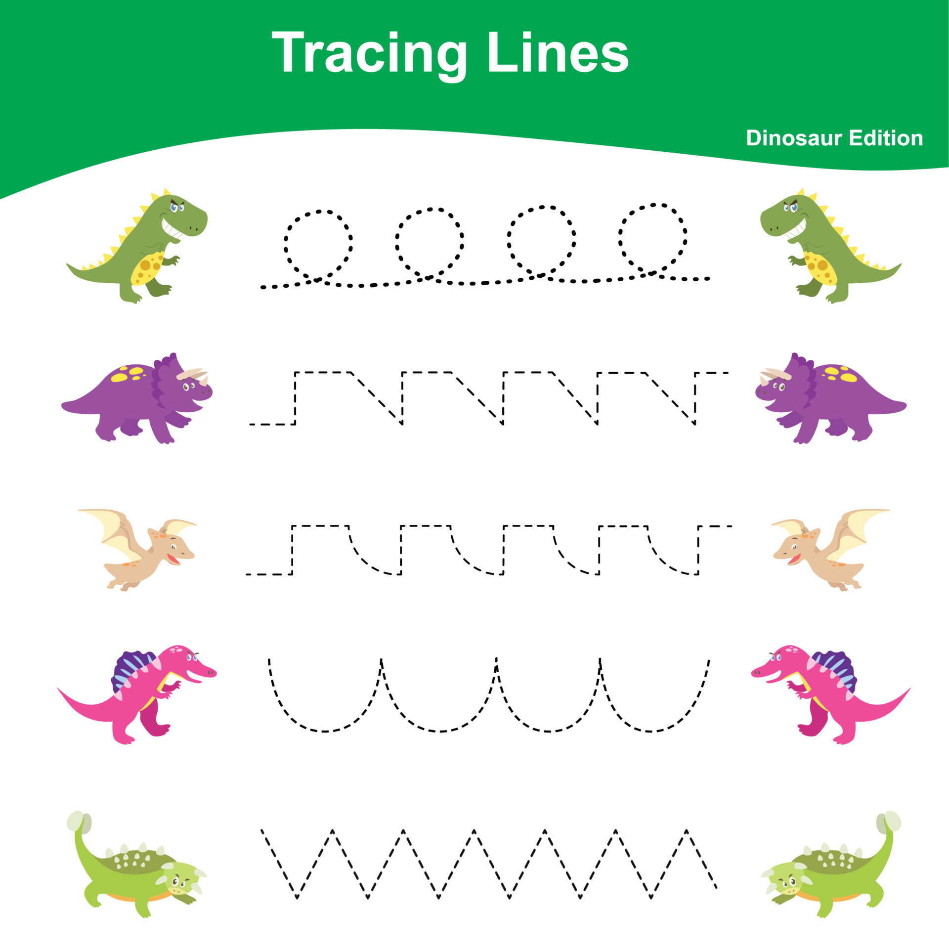 Tracing Lines Game Dinosaur Edition. Educational worksheet. Worksheet