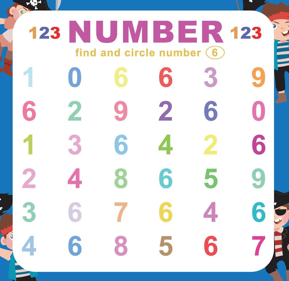 Search and circle number on the worksheet. Exercise for children to recognize number. Educational sheet for preschool. Vector file.