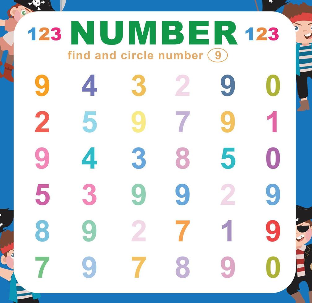 Search and circle number on the worksheet. Exercise for children to recognize number. Educational sheet for preschool. Vector file.