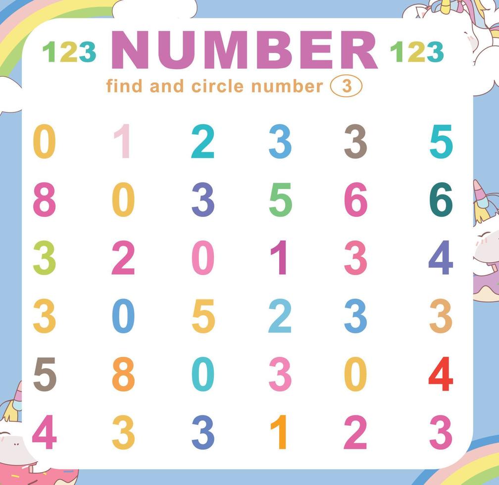 Search and circle number on the worksheet. Exercise for children to recognize number. Educational sheet for preschool. Vector file.