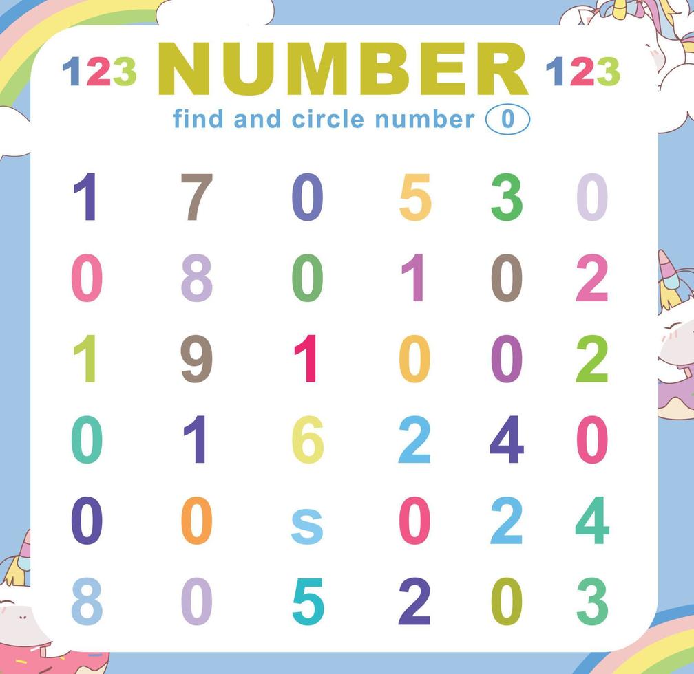 Search and circle number on the worksheet. Exercise for children to recognize number. Educational sheet for preschool. Vector file.