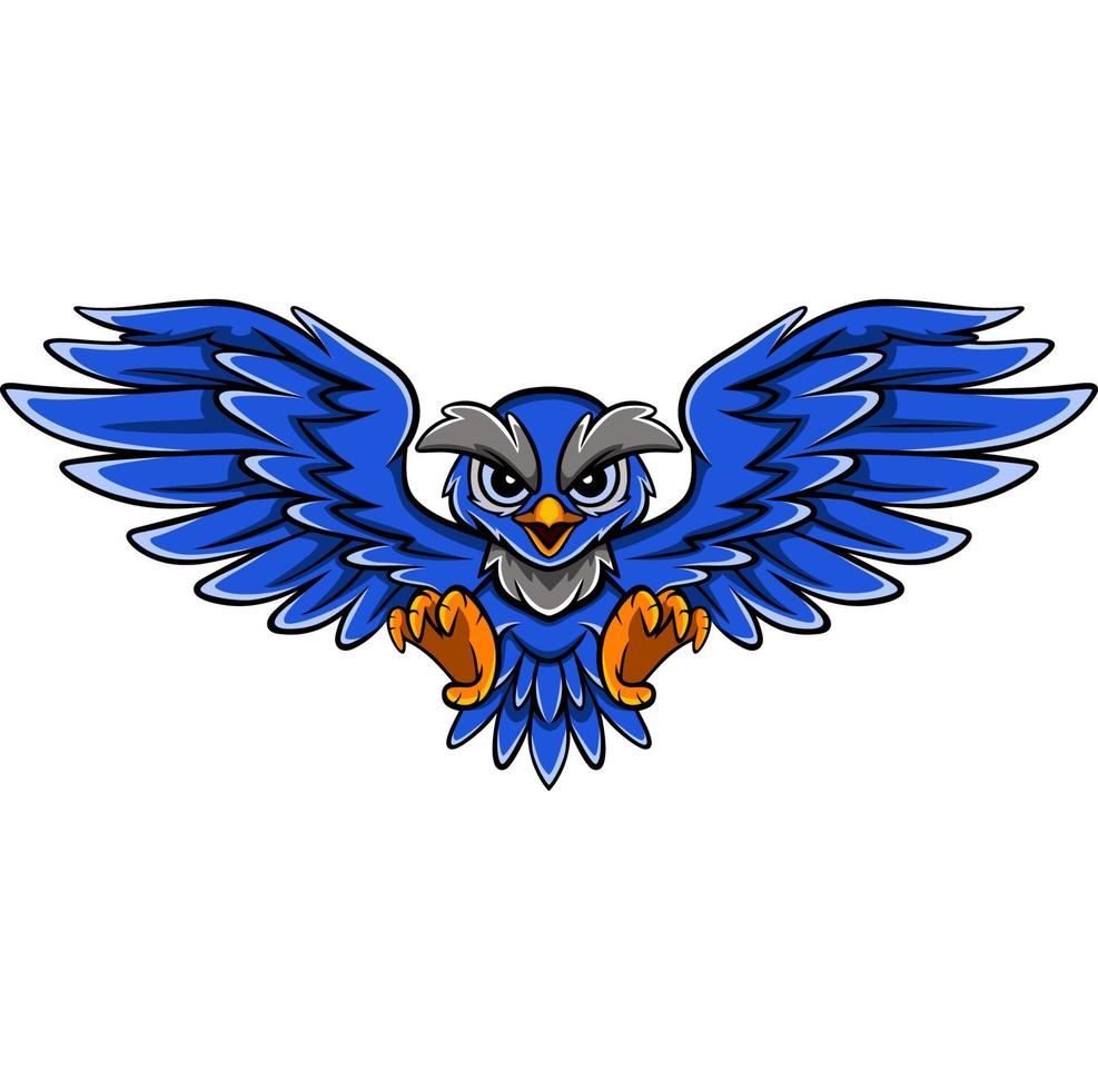 linda azul búho dibujos animados mascota volador vector