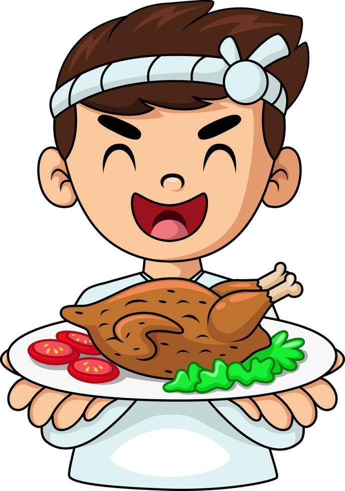Cute boy showing roast chicken on dish vector