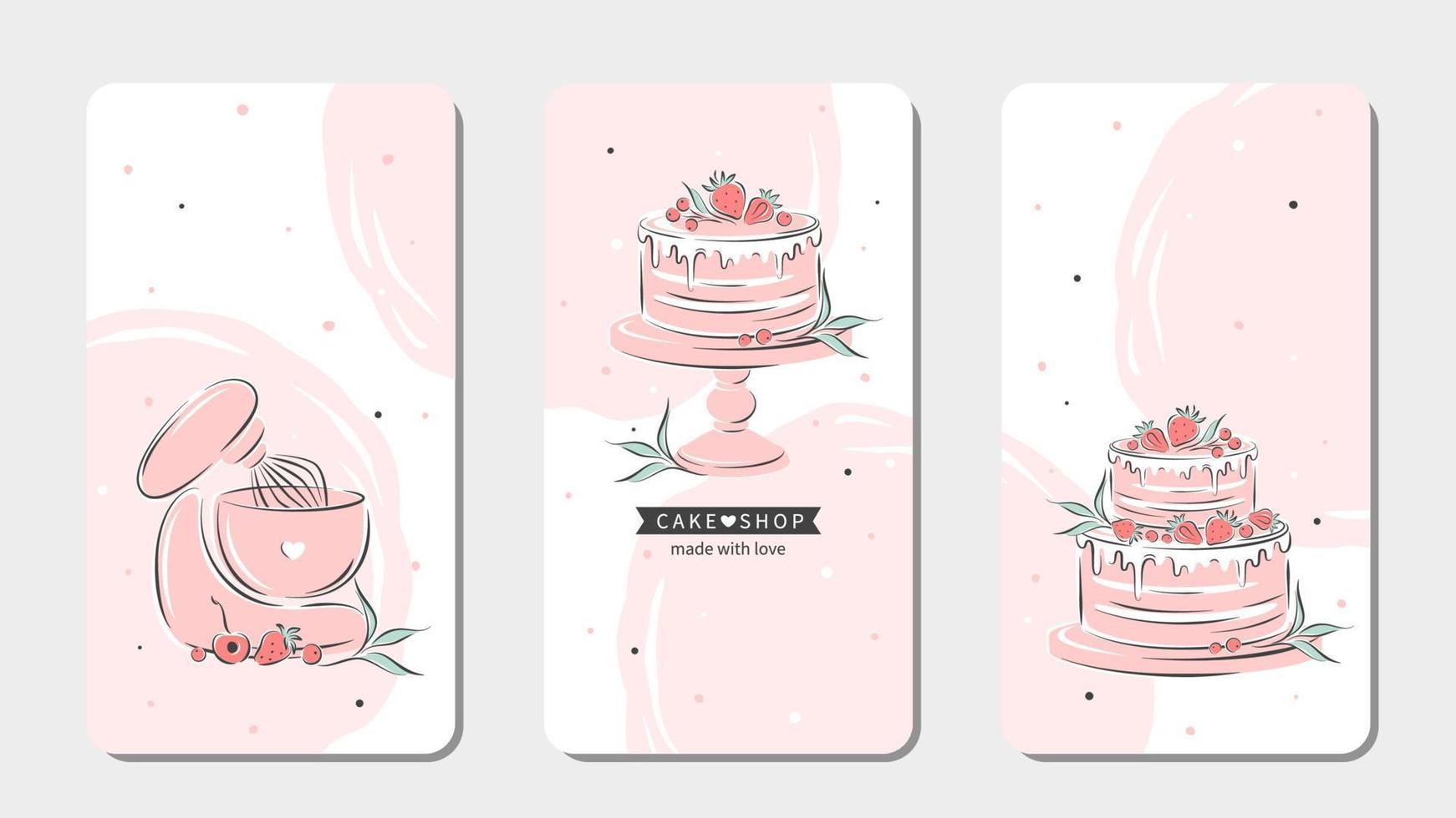 Set of design sample for pastry and bread shop. Cake shop logo. Planetary stationary dough mixer, cakes and berries. Vector illustration