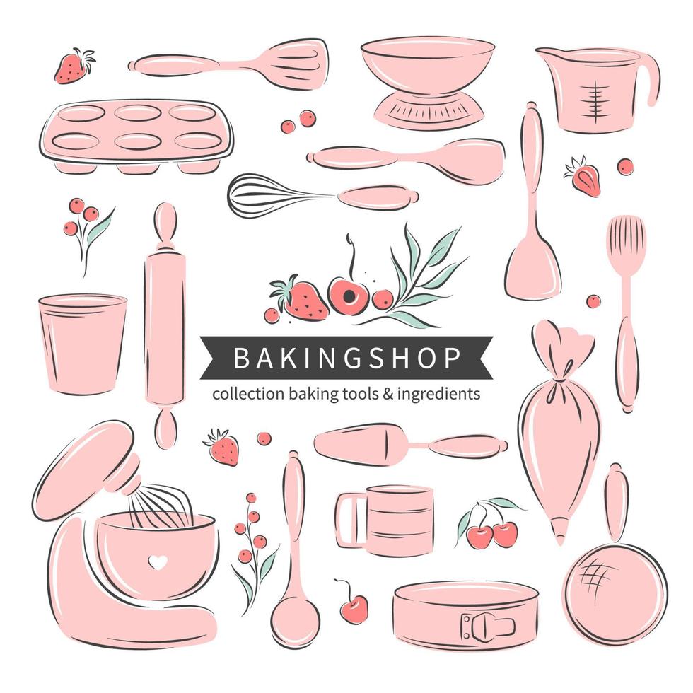 Set of baking and cooking tools dessert and pastry dishes. Whisk, cutlery, spatulas, mixer, scale. Vector illustration for menu, recipe book, baking shop.