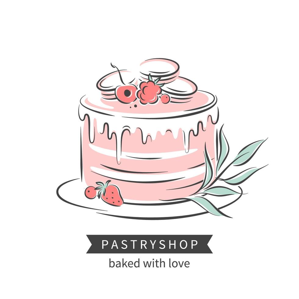 Cake with frosting and floral berry decoration. Vector illustration for logo, menu, recipe book, baking shop and pastry shop.