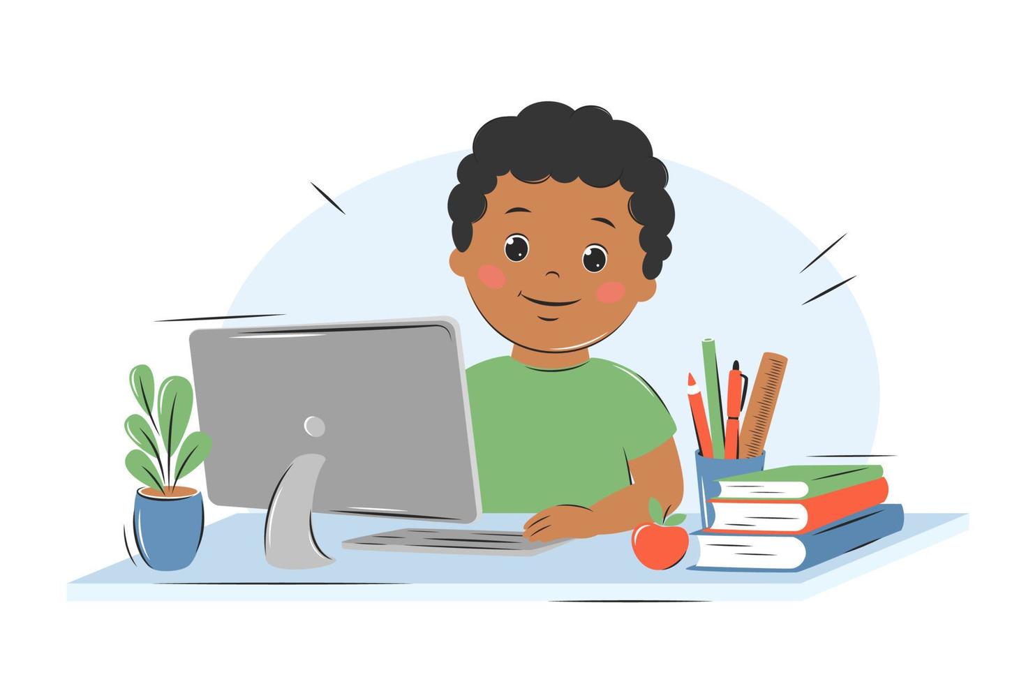 Happy little African American boy studies with computer and books. Online education, home school concept. Vector illustration