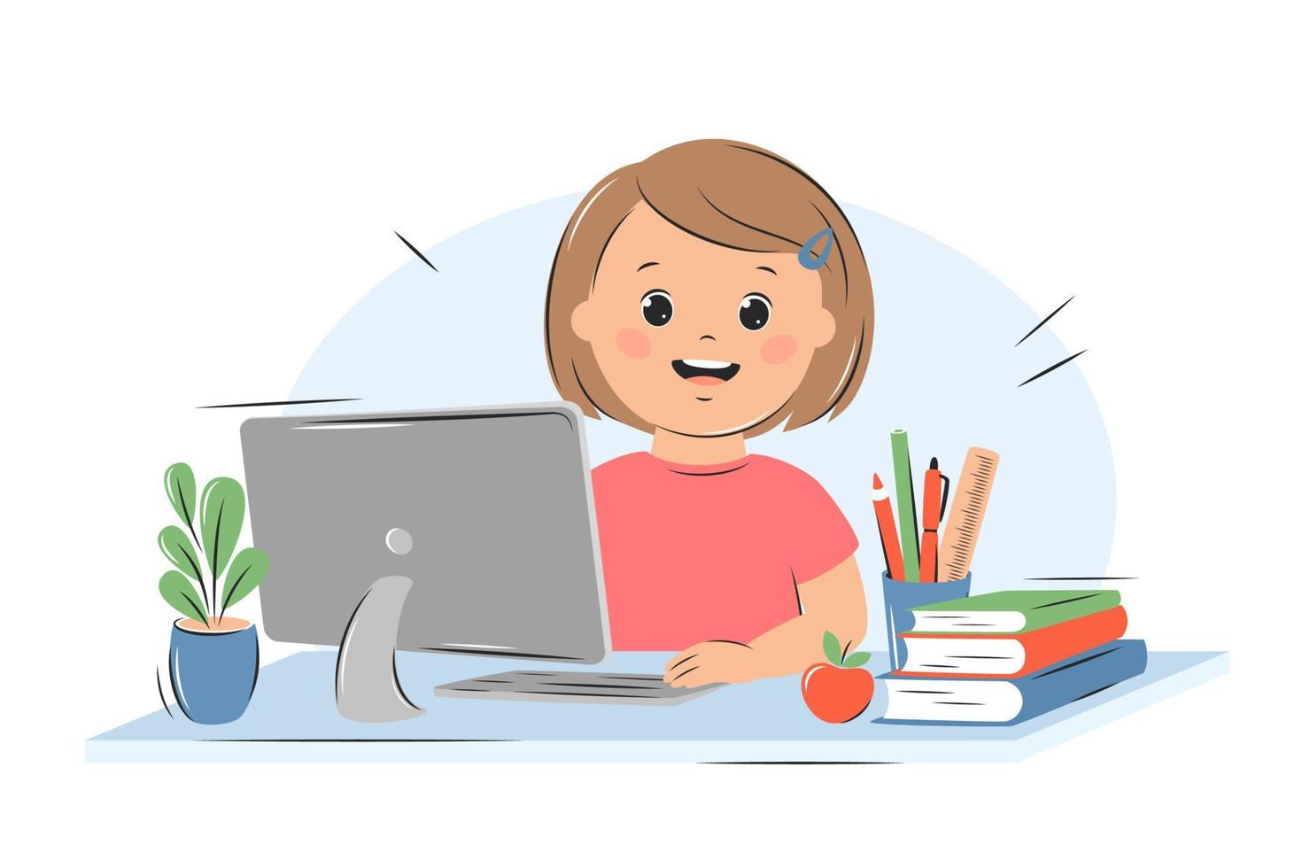 Happy little girl studies with computer and books. Online education, home school concept. Vector illustration