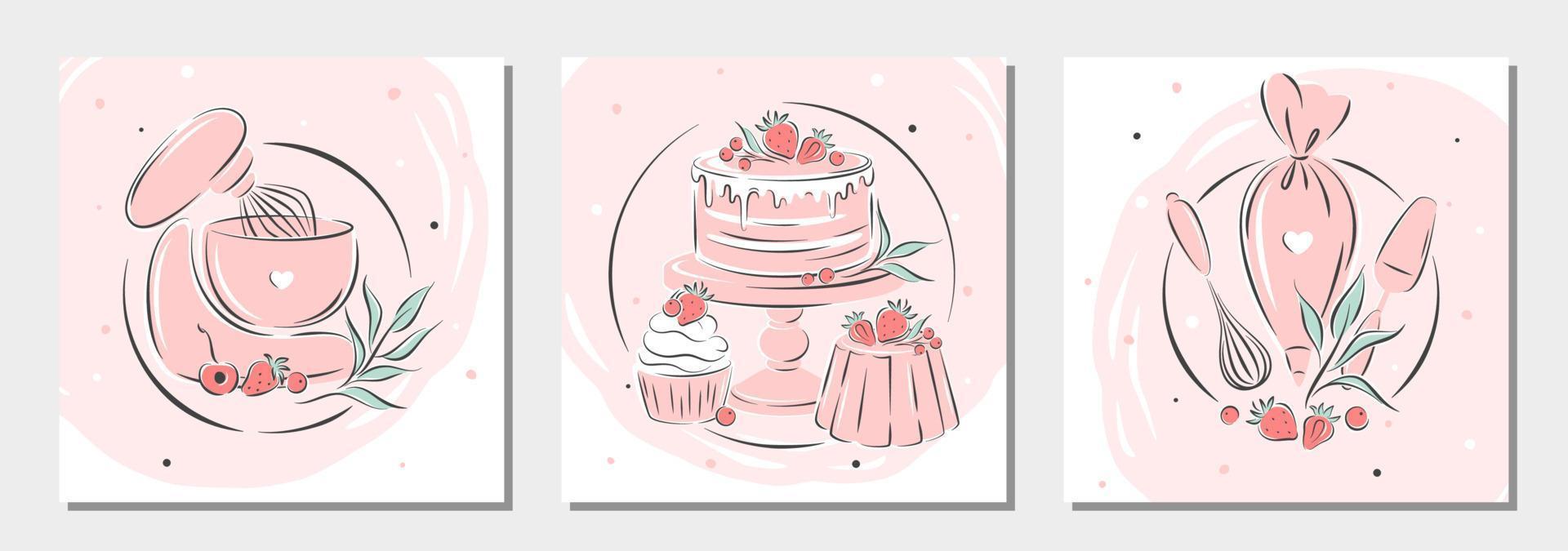 Cake shop logo. Set of design for pastry and bread shop.Planetary stationary dough mixer, kitchen tools and cakes and berries. Vector illustration