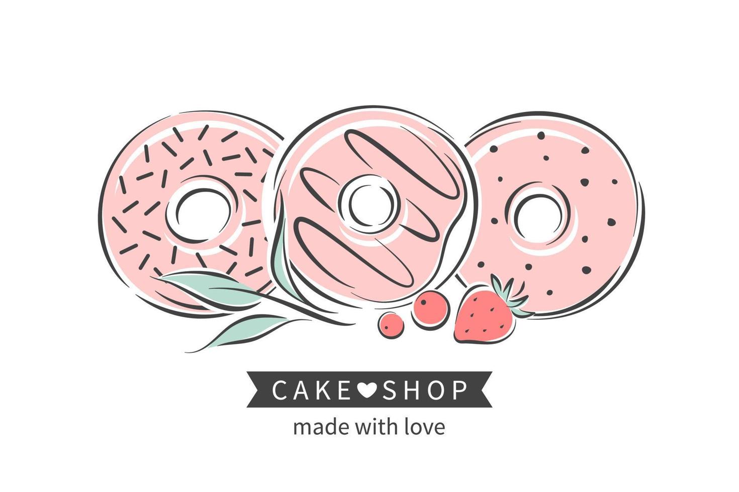 Cake and bread shop logo. Donuts and berries. Vector illustration for logo, menu, recipe book, baking shop, cafe, restaurant.