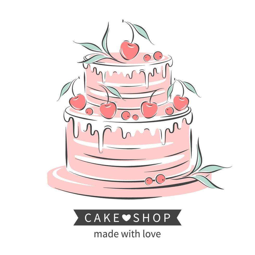 Cake decorated with berries. Cake shop logo. Vector illustration on white background for menu, recipe book, baking shop, cafe, restaurant.