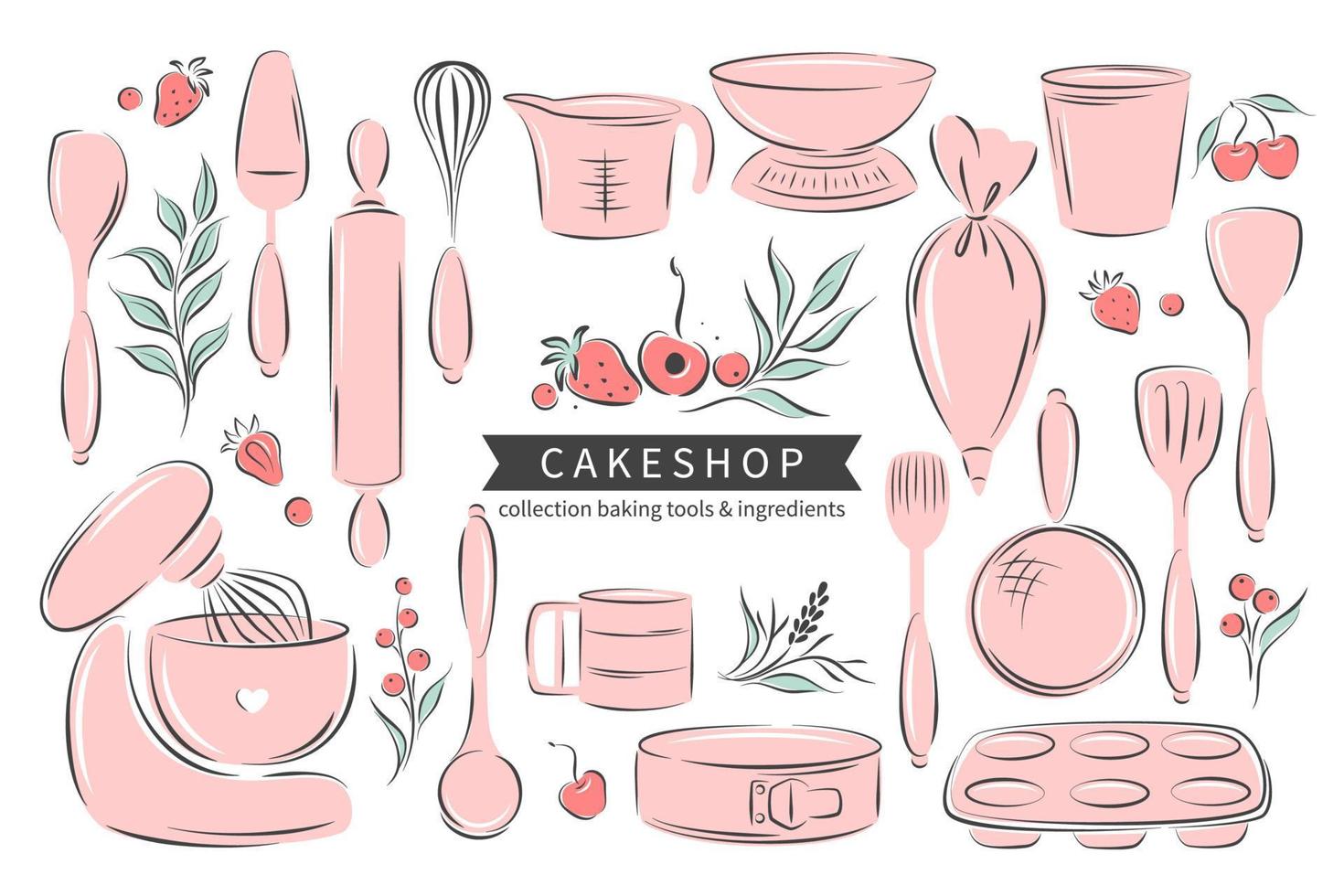 Big set tools, accessories and Ingredients  for cooking, baking items  dessert and pastry dishes. Whisk, cutlery, spatulas, mixer, scale. Vector illustration