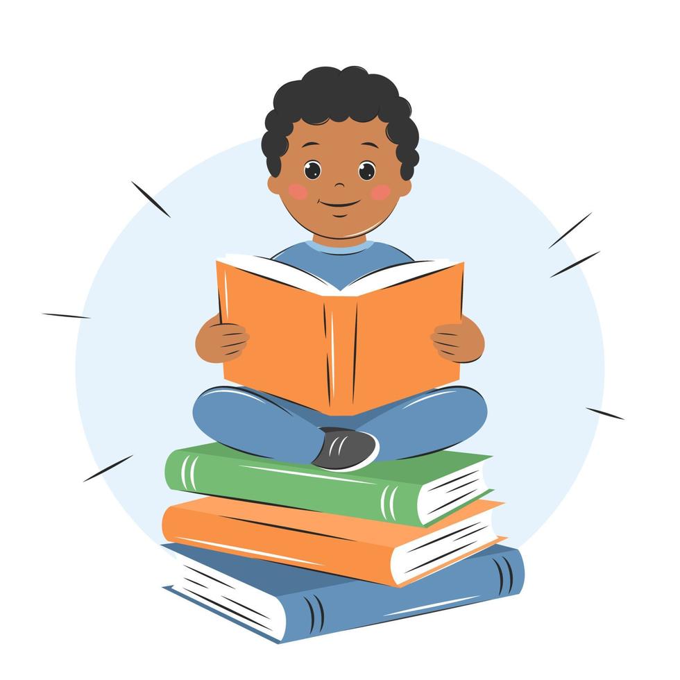 Child with dark hair and skin reading book. Knowledge and education concept. Vector illustration