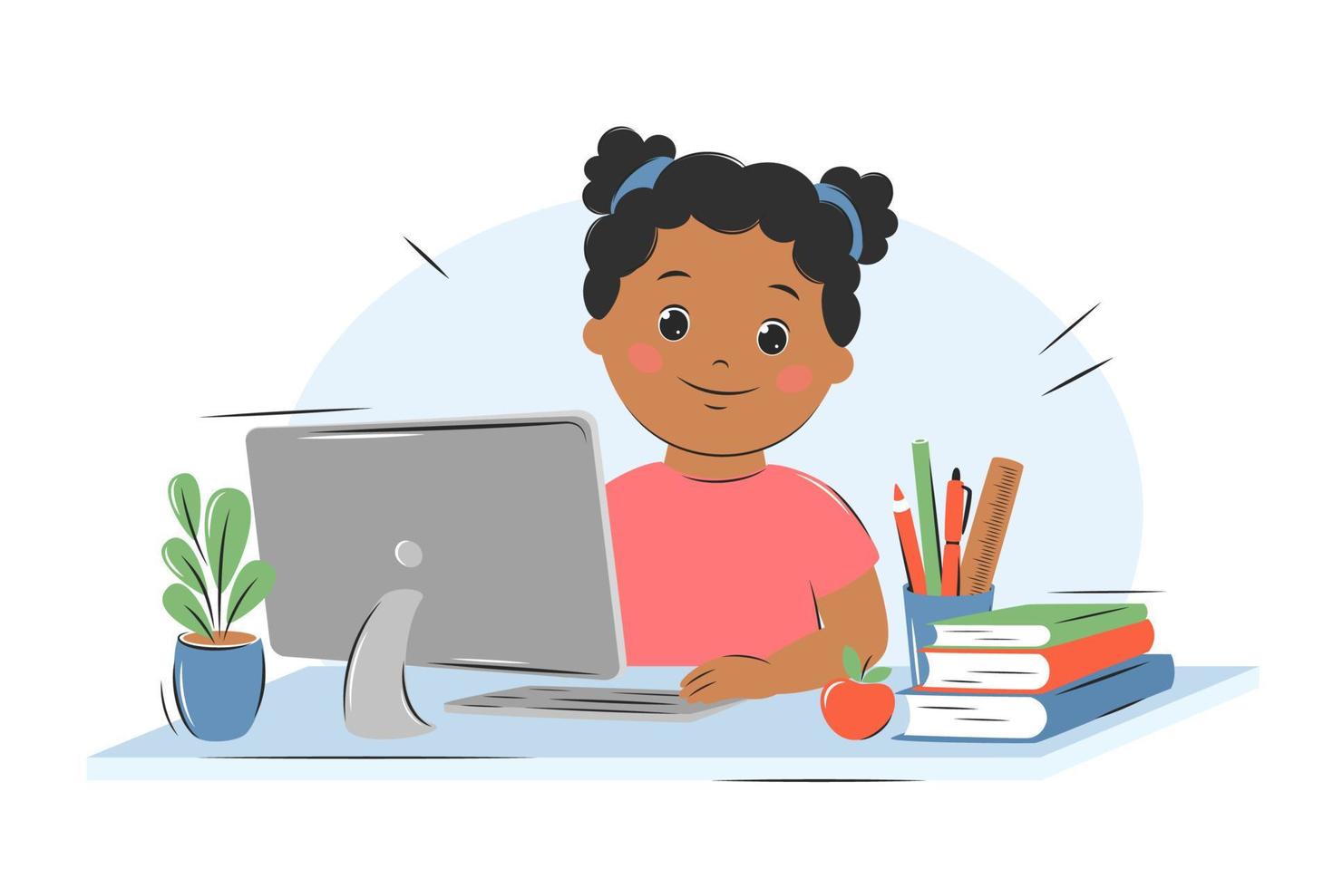 Happy little African American girl studies with computer and books. Online education, home school concept. Vector illustration