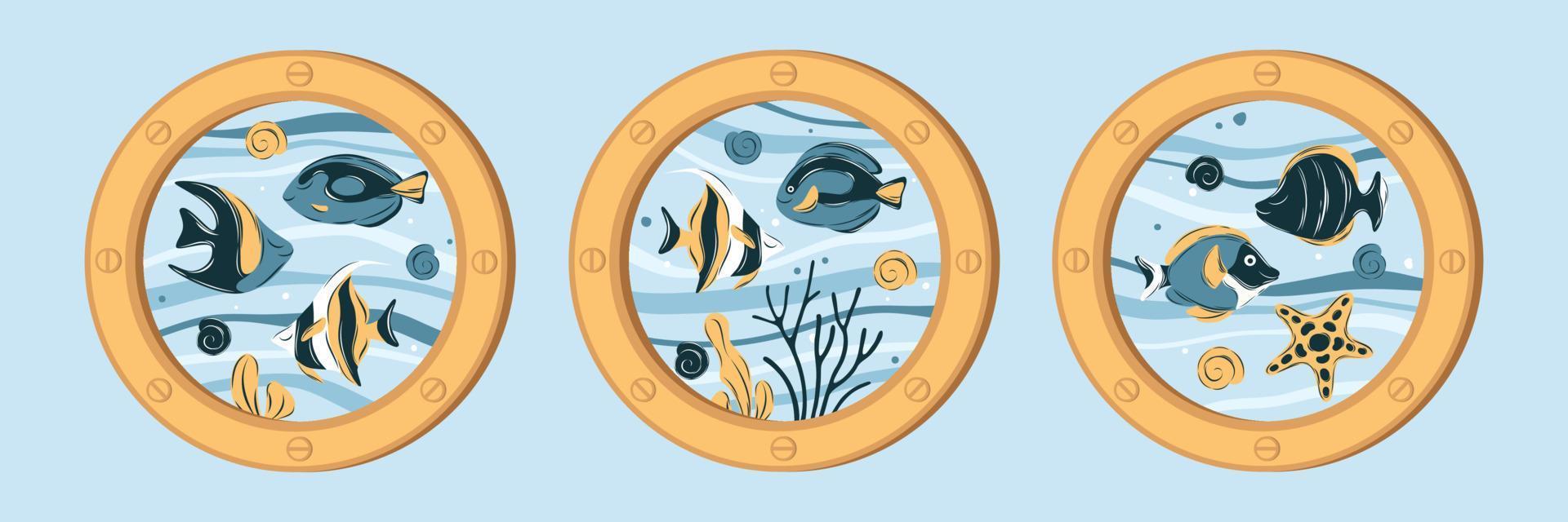Porthole with colorful underwater life, fishes. Marine animals in ocean. Set of marine life objects for your design. Flat cartoon vector illustration.