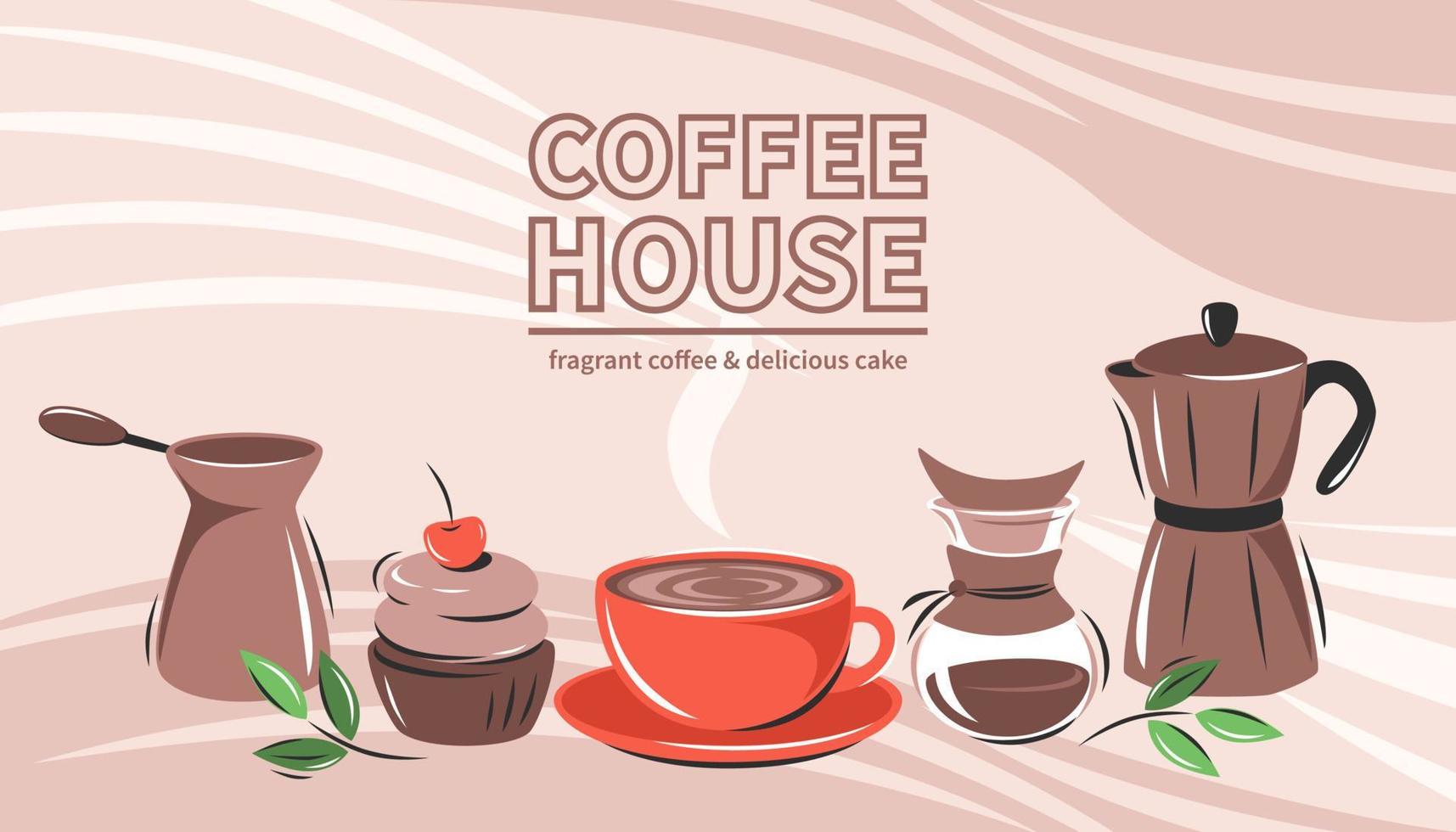 Banner for coffee house, coffee shop, cafe-bar, barista, restaurant, menu. Coffee maker, coffee and cakes.  Vector illustration