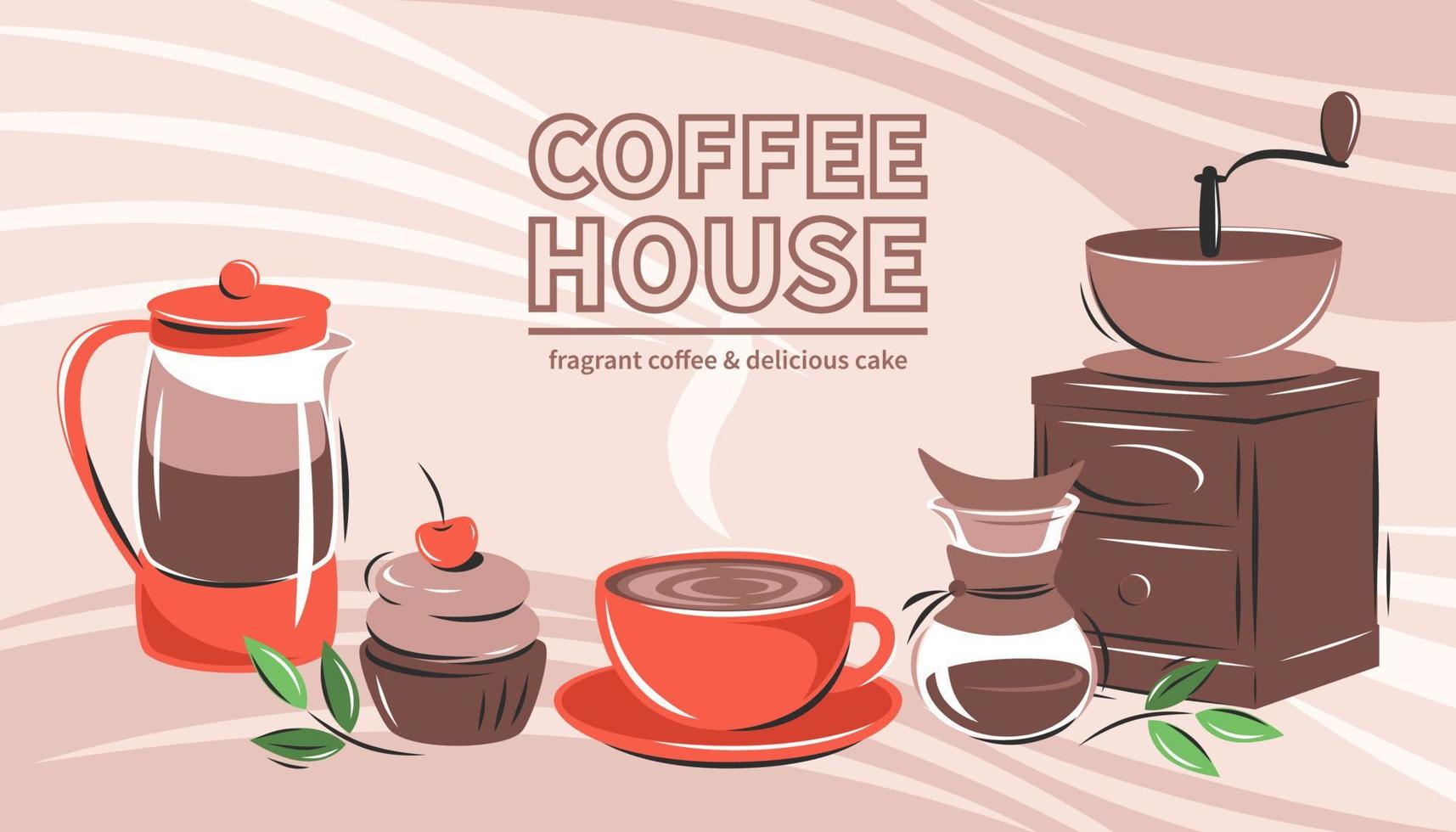 Banner for coffee house, coffee shop, cafe-bar, barista, restaurant, menu. Coffee maker, coffee and cakes.  Vector illustration