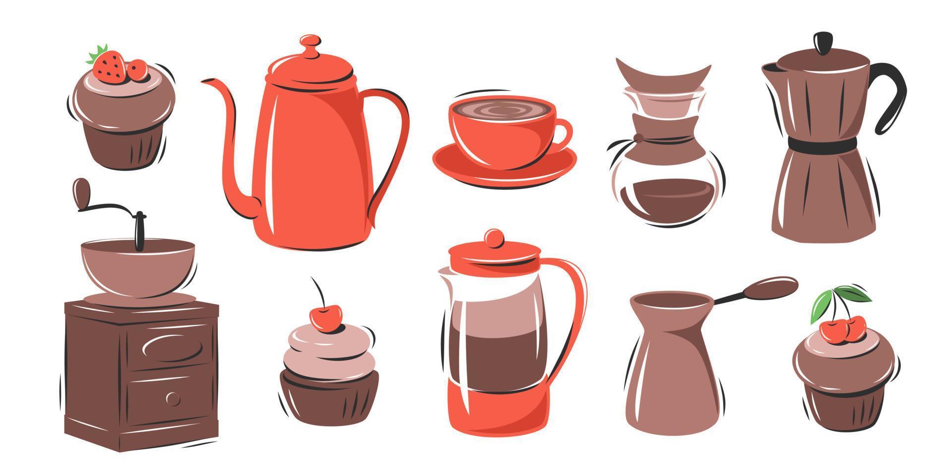 Set of coffee elements. Coffee maker, French press, pot, coffee maker, coffee grinder, cup, cake. Collection vector illustrations for cafe menu and restaurant, card, sticker kit