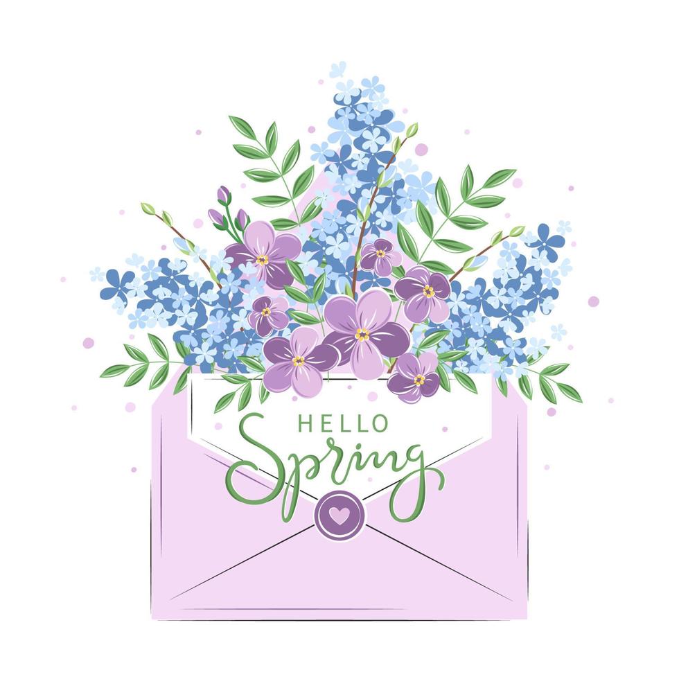 Hello spring. Card with with envelope and spring flowers. Vector illustration