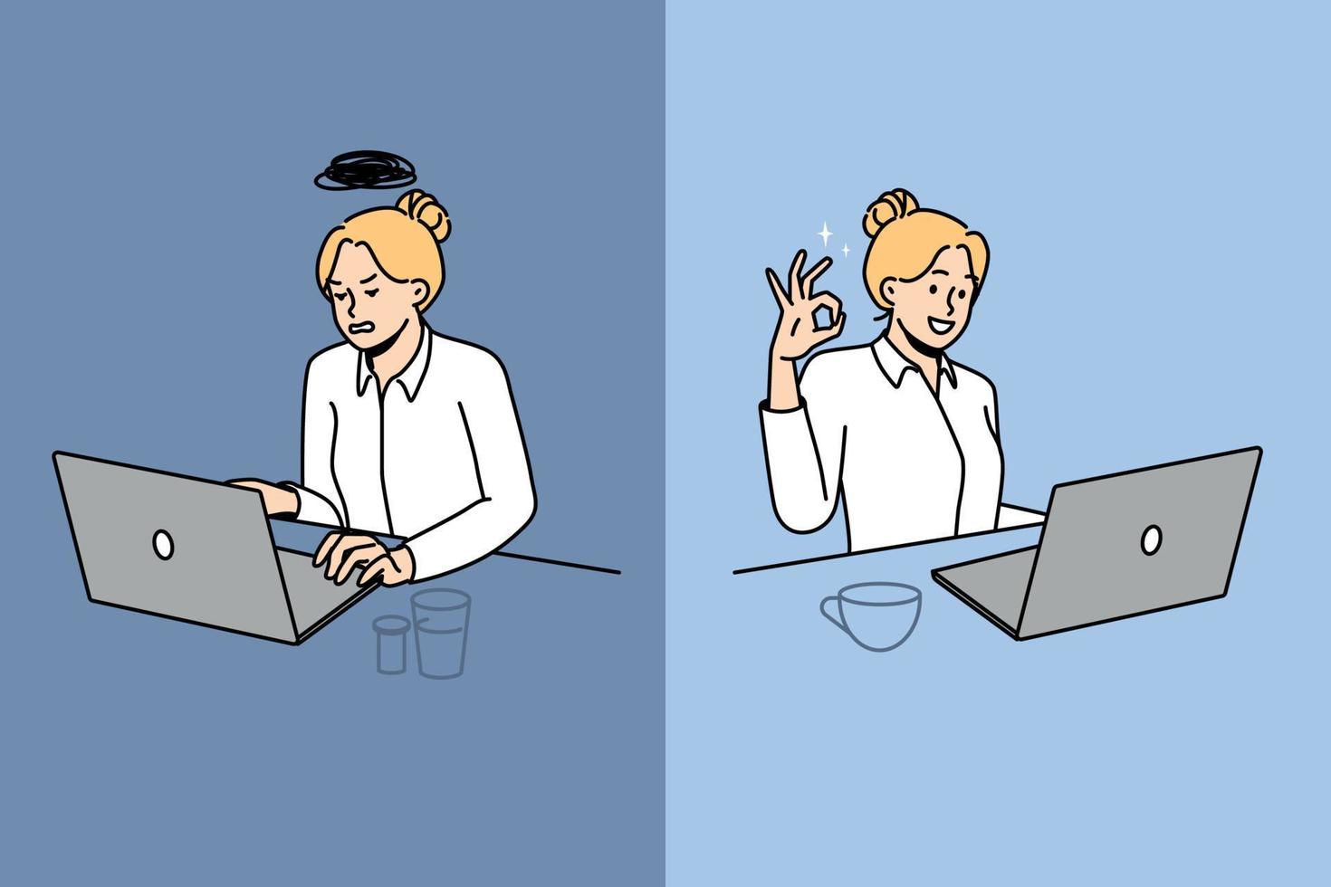 Businesswoman set work on laptop distressed overwhelmed with job versus excited with completed task. Female employee different moods in office. Vector illustration.