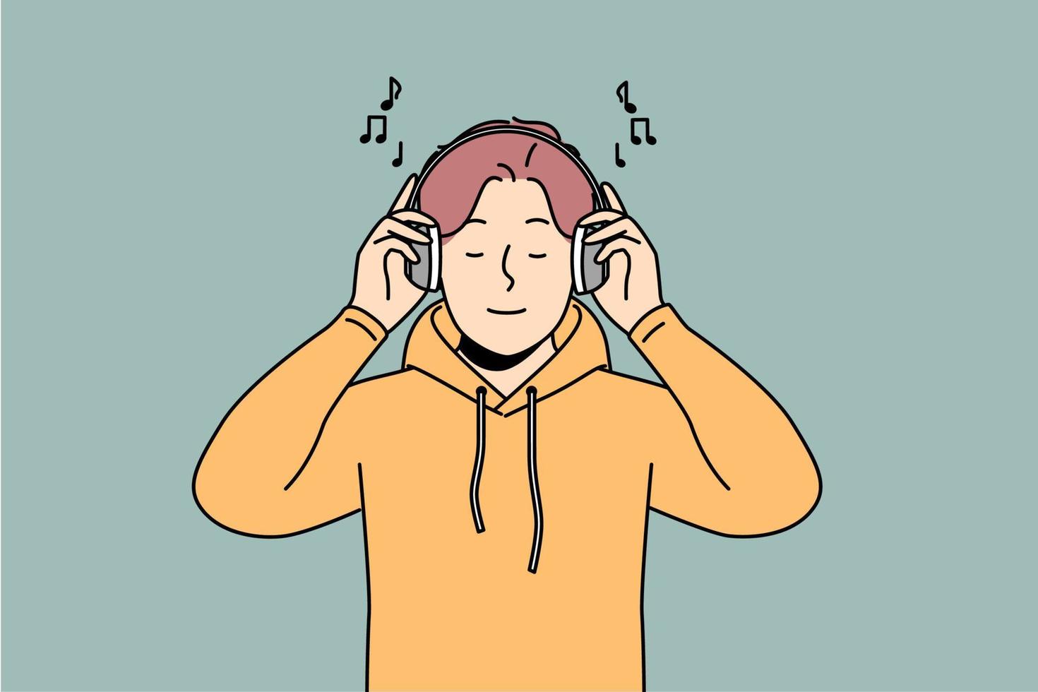 Smiling young man listen to music in modern wireless headphones. Happy guy enjoy good quality sound in earphones. Hobby and amusement. Vector illustration.