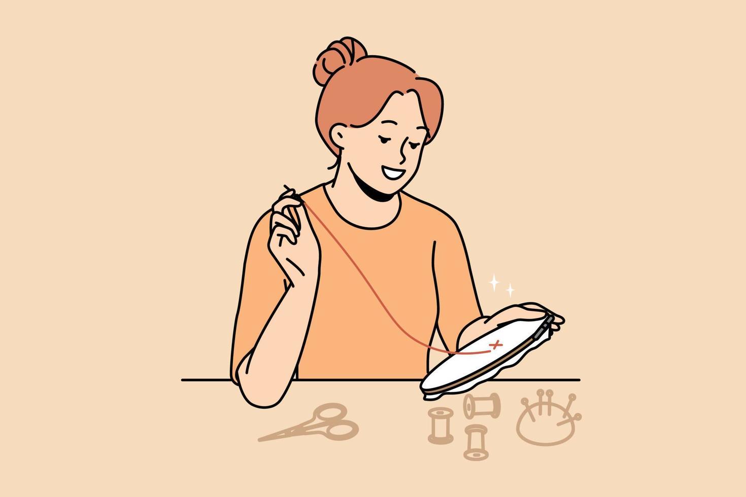 Smiling young woman embroidering with threads and needle at home. Happy female enjoy art and craft of weekend. Hobby and relaxation. Vector illustration.