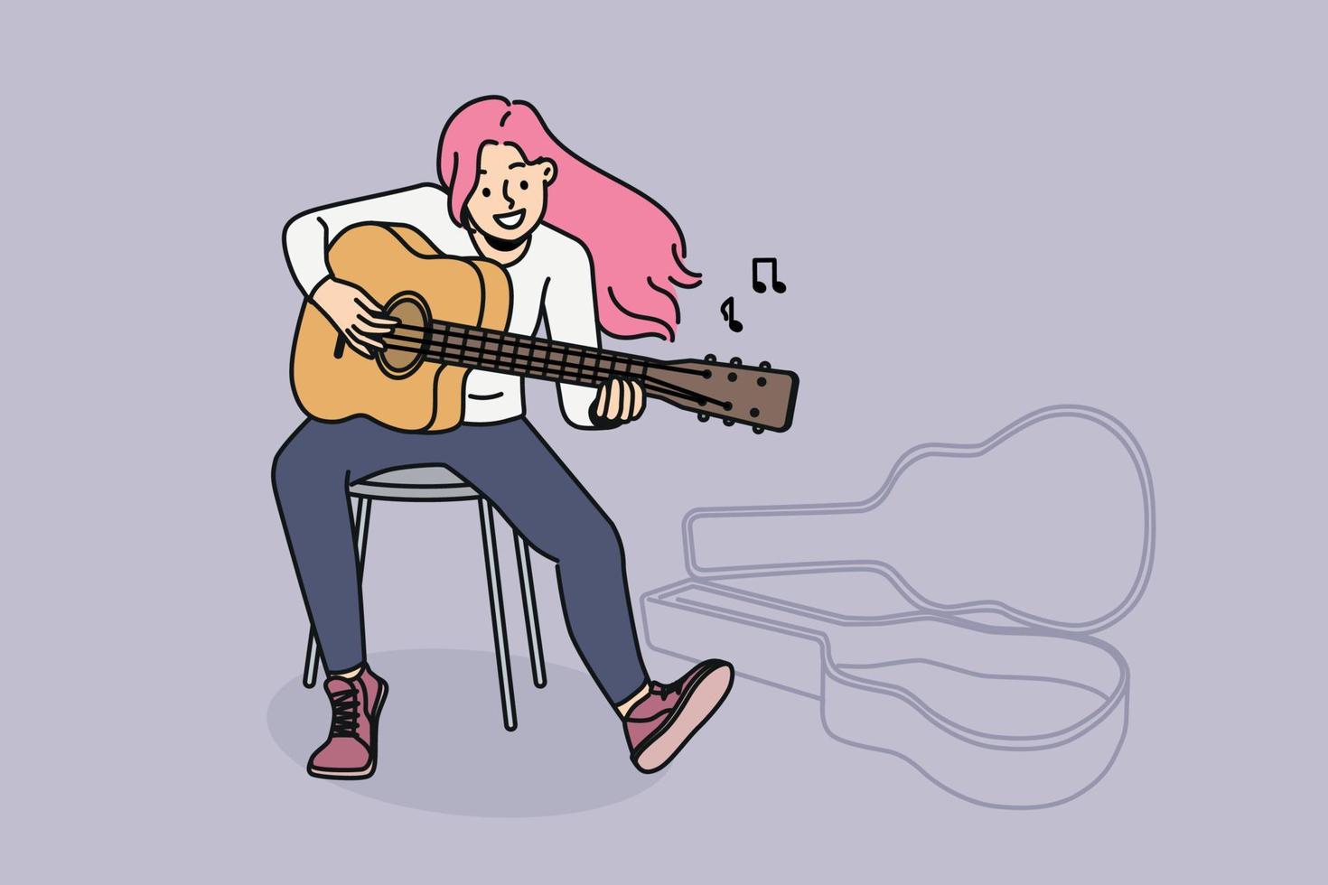 Overjoyed young woman with pink hair sit on chair playing guitar. Smiling millennial female artist or musician enjoy performance on musical instrument. Vector illustration.