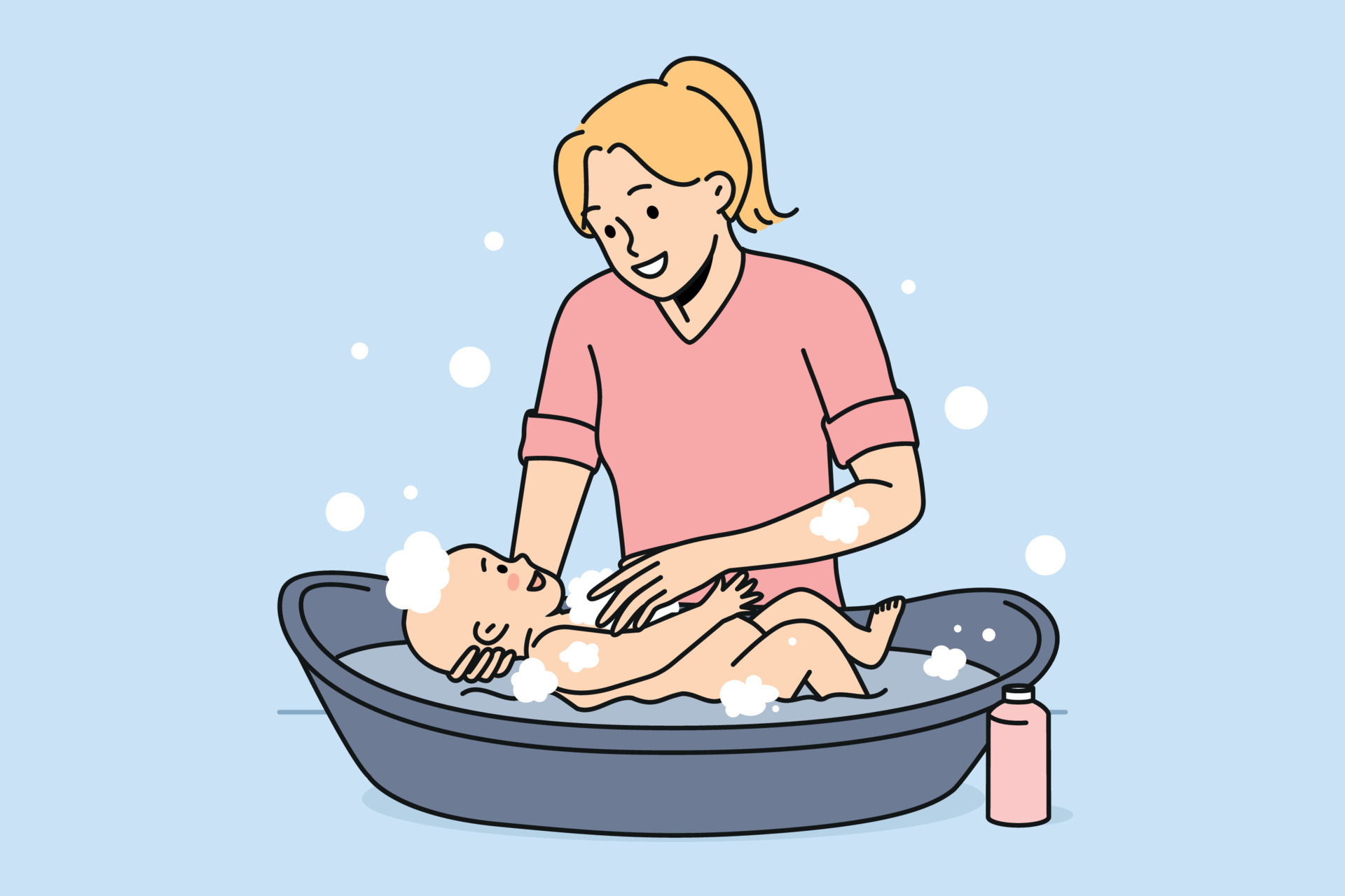 Smiling young mother washing cute baby infant in bath. Happy mom do