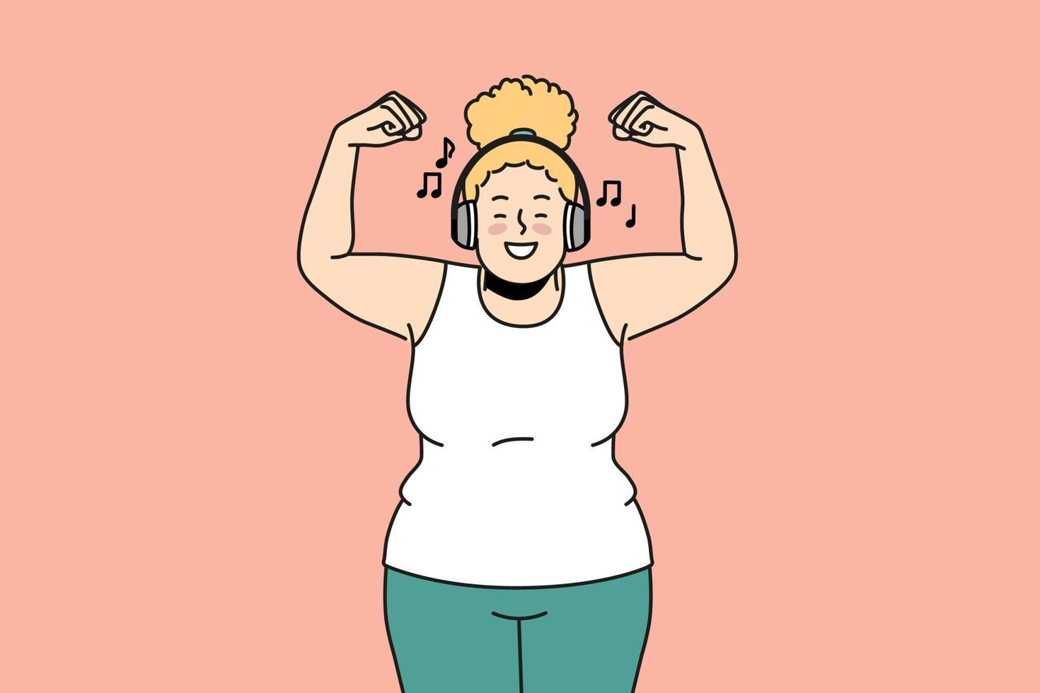 lleno de alegría exceso de peso mujer en auriculares escucha a música hacer Deportes. sonriente grasa niña en auriculares disfrutar bueno calidad sonido capacitación. vector ilustración.