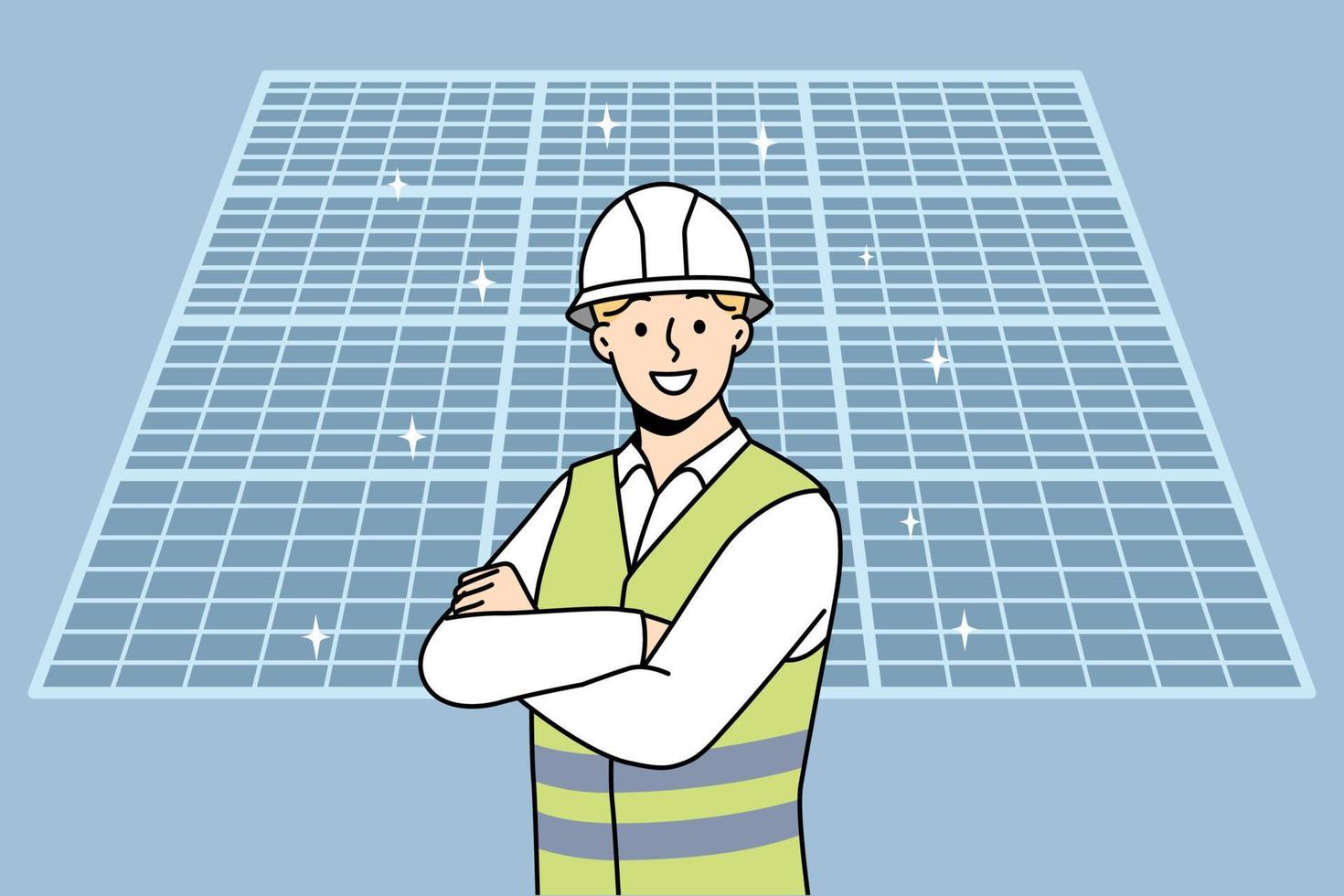 Smiling male engineer in uniform and helmet stand near solar panels. Happy man recommend modern photovoltaic batteries. Vector illustration.