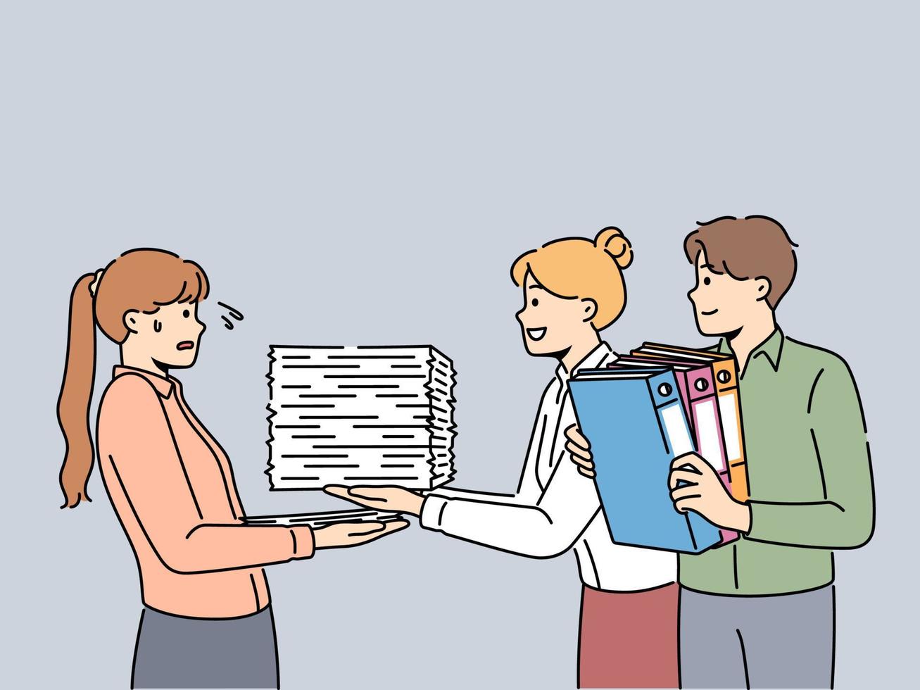 Smiling employees give stacks of paperwork to stressed subordinate. Happy workers pass pile of papers and documents to shocked colleague. Workload. Vector illustration.