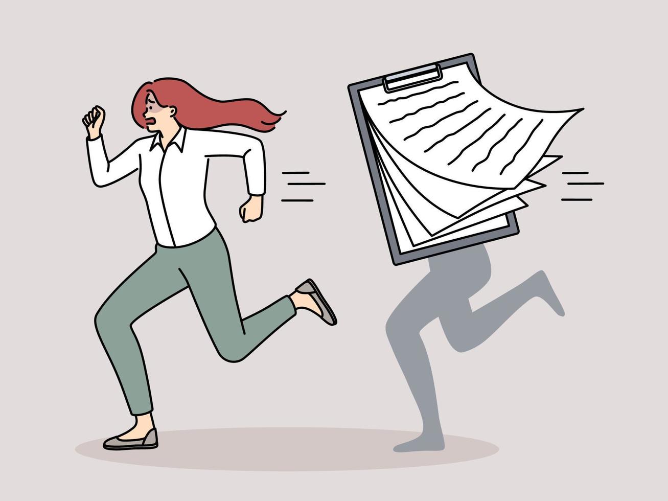 Stressed female employee running from office paperwork. Unhappy businesswoman rushing from documents overwhelmed with job. Workload. Vector illustration.